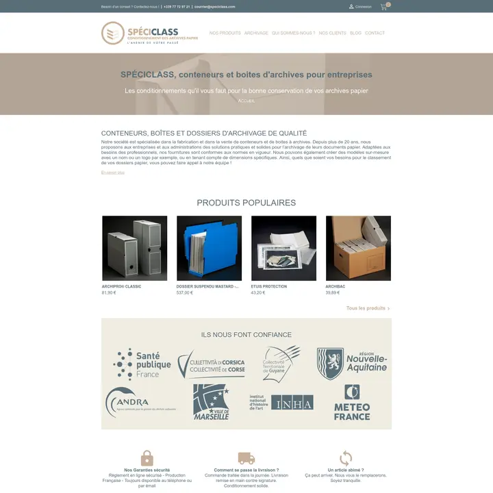 screenshot of Speciclass website, white with pastel light brown and dark blue
